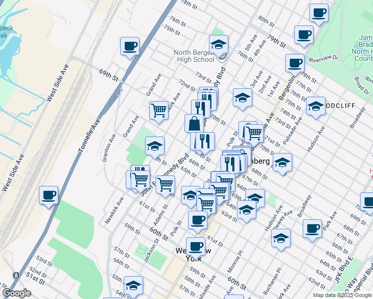map of restaurants, bars, coffee shops, grocery stores, and more near 6513 Bergenwood Avenue in North Bergen