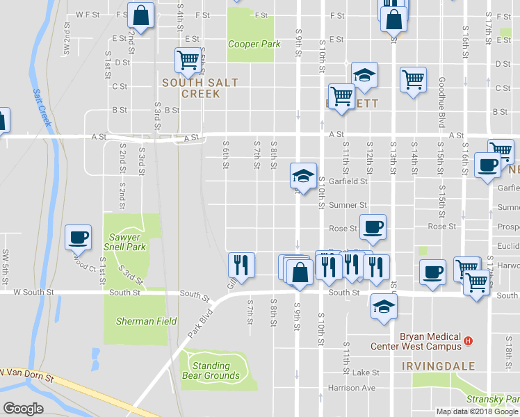 map of restaurants, bars, coffee shops, grocery stores, and more near 705 Sumner Street in Lincoln