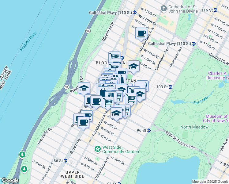 map of restaurants, bars, coffee shops, grocery stores, and more near 786 Amsterdam Avenue in New York