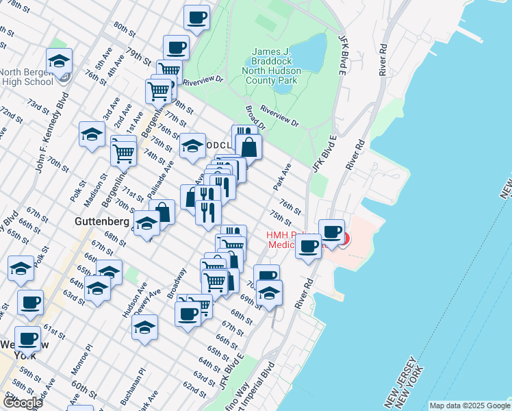 map of restaurants, bars, coffee shops, grocery stores, and more near 31 75th Street in North Bergen