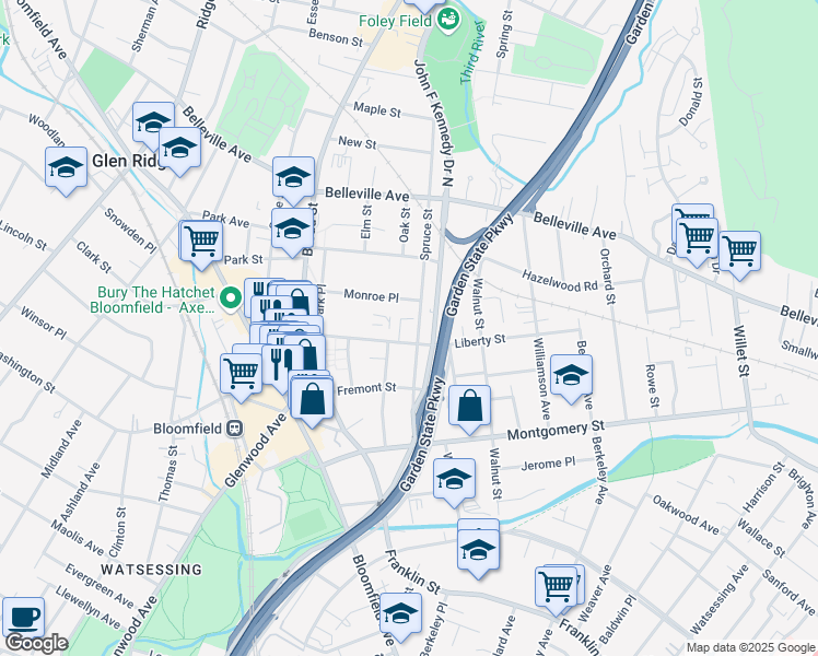 map of restaurants, bars, coffee shops, grocery stores, and more near 165 Liberty Street in Bloomfield