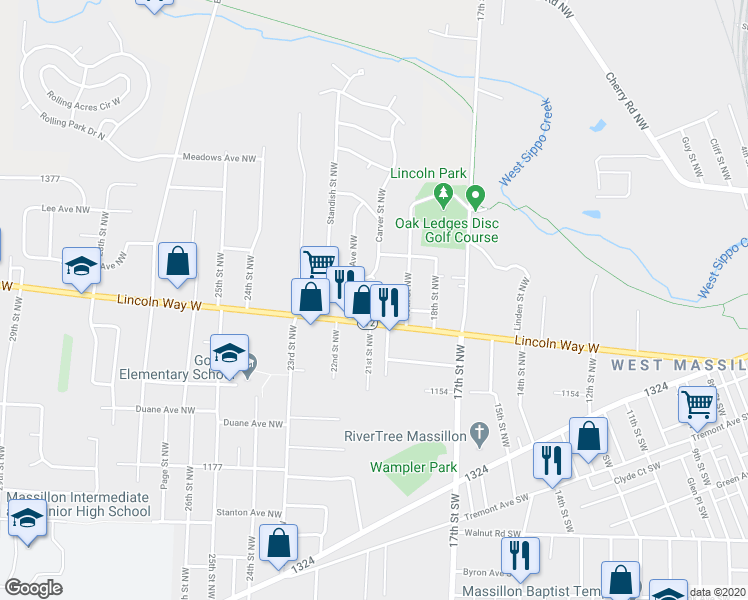 map of restaurants, bars, coffee shops, grocery stores, and more near 424 Grosvenor Avenue Northwest in Massillon
