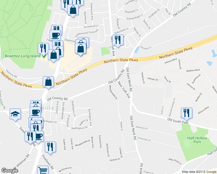 map of restaurants, bars, coffee shops, grocery stores, and more near 260 Old Country Road in Melville