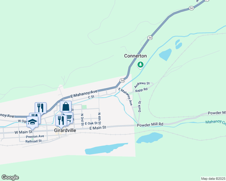 map of restaurants, bars, coffee shops, grocery stores, and more near 633 East Mahanoy Avenue in Girardville