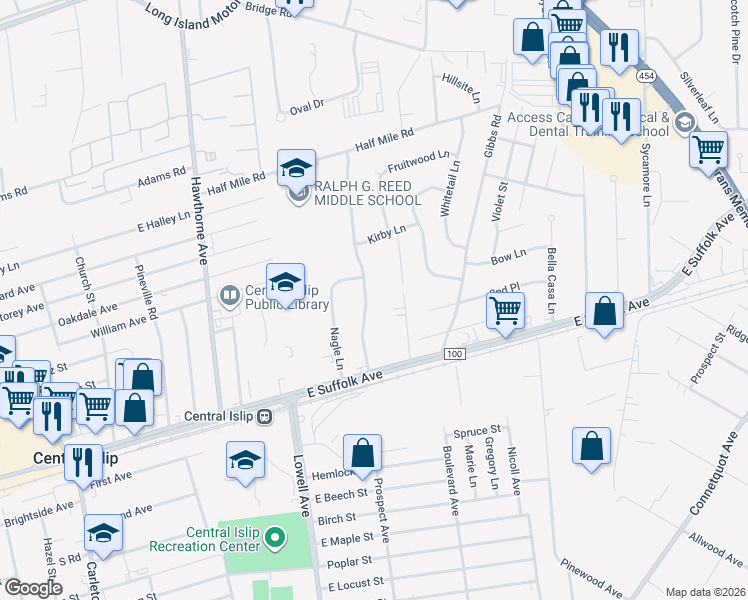 map of restaurants, bars, coffee shops, grocery stores, and more near 158 Dovecote Lane in Central Islip