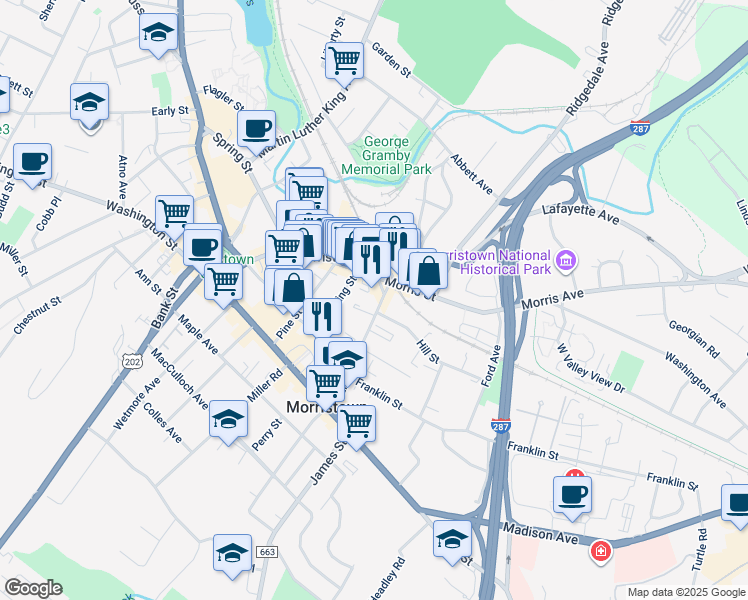 map of restaurants, bars, coffee shops, grocery stores, and more near 60 Elm Street in Morristown
