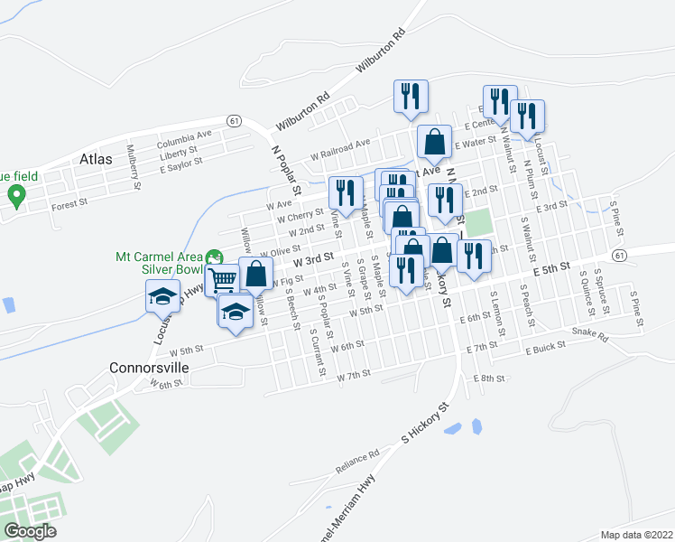 map of restaurants, bars, coffee shops, grocery stores, and more near 30 South Vine Street in Mount Carmel