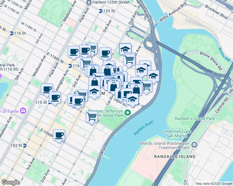 map of restaurants, bars, coffee shops, grocery stores, and more near 402 East 116th Street in New York