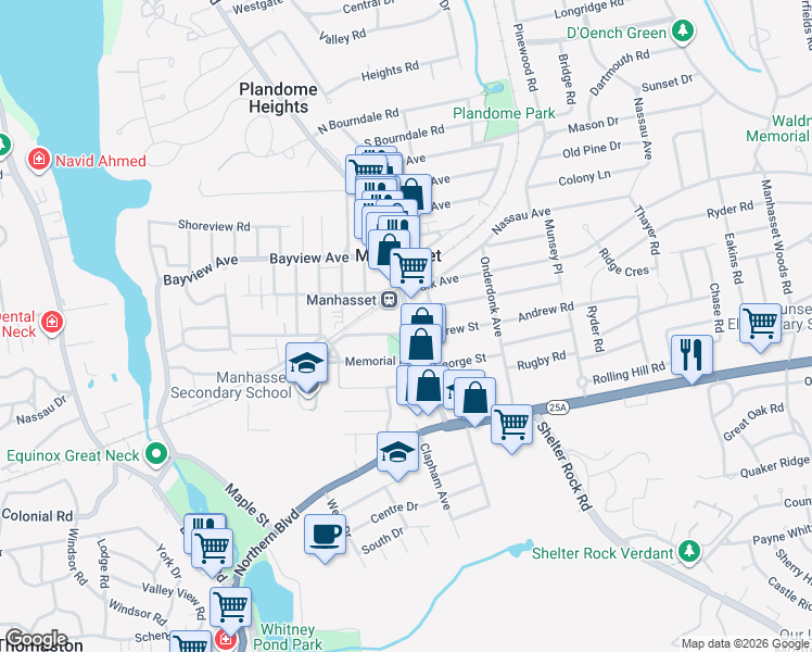 map of restaurants, bars, coffee shops, grocery stores, and more near 239 Plandome Road in Manhasset