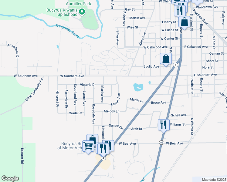 map of restaurants, bars, coffee shops, grocery stores, and more near 1055 Lavina Avenue in Bucyrus