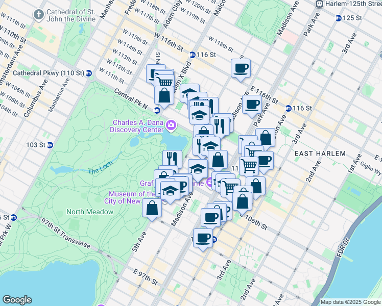 map of restaurants, bars, coffee shops, grocery stores, and more near 1271 5th Avenue in New York