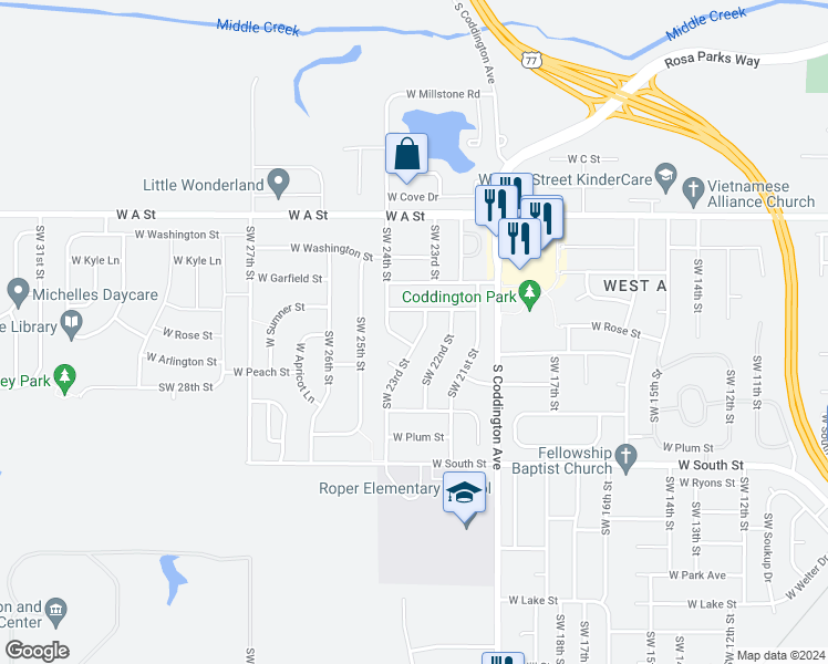 map of restaurants, bars, coffee shops, grocery stores, and more near 1731 Southwest 23rd Street in Lincoln