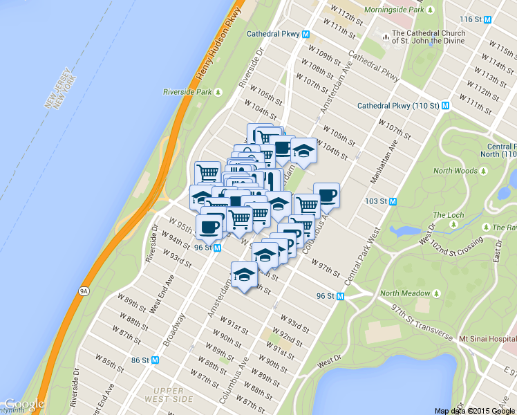 map of restaurants, bars, coffee shops, grocery stores, and more near 780 Amsterdam Avenue in New York