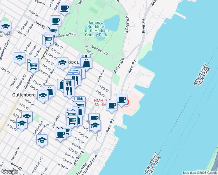 map of restaurants, bars, coffee shops, grocery stores, and more near 11 76th Street in North Bergen