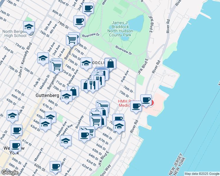 map of restaurants, bars, coffee shops, grocery stores, and more near 124 74th Street in North Bergen
