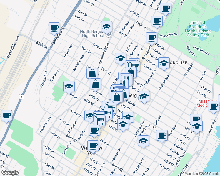 map of restaurants, bars, coffee shops, grocery stores, and more near 528 68th Street in Guttenberg