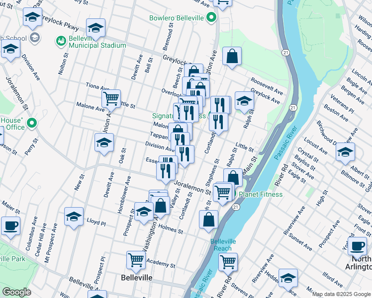 map of restaurants, bars, coffee shops, grocery stores, and more near 96 Terry Street in Belleville