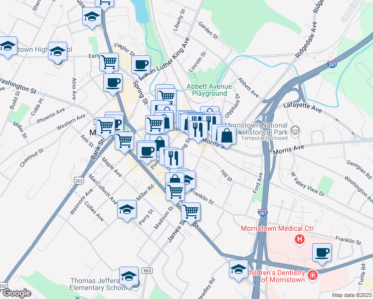 map of restaurants, bars, coffee shops, grocery stores, and more near 60 Elm Street in Morristown