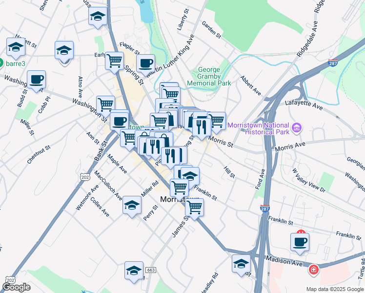 map of restaurants, bars, coffee shops, grocery stores, and more near 25 King Street in Morristown
