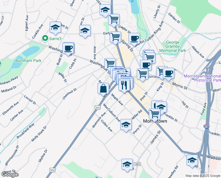 map of restaurants, bars, coffee shops, grocery stores, and more near 41 Market Street in Morristown