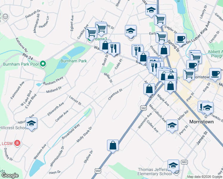 map of restaurants, bars, coffee shops, grocery stores, and more near 88 Western Avenue in Morristown