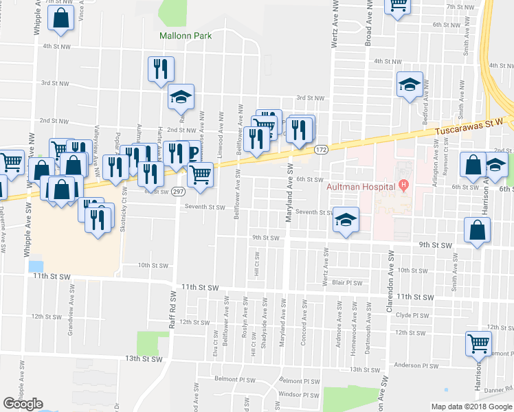 map of restaurants, bars, coffee shops, grocery stores, and more near 3219 7th Street Southwest in Canton