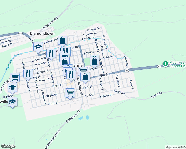 map of restaurants, bars, coffee shops, grocery stores, and more near 136 South Chestnut Street in Mount Carmel