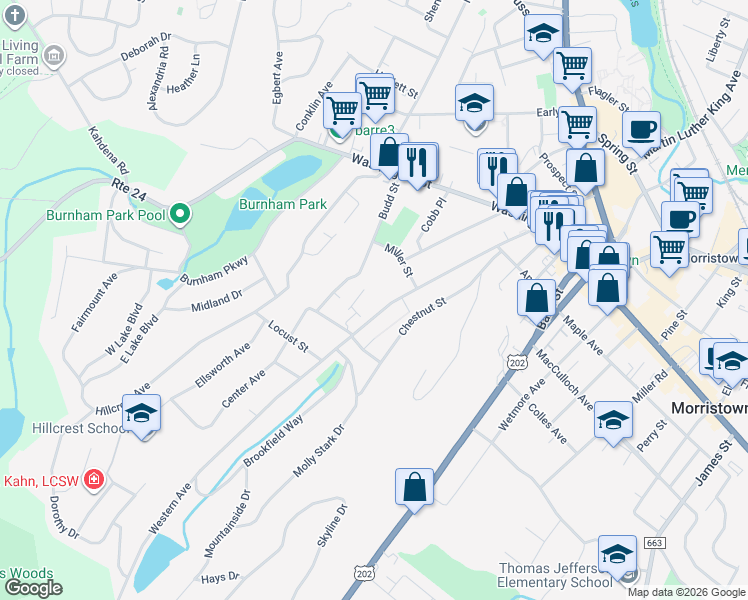 map of restaurants, bars, coffee shops, grocery stores, and more near 101 Western Avenue in Morristown