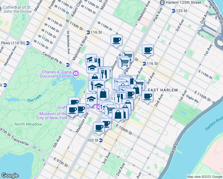 map of restaurants, bars, coffee shops, grocery stores, and more near 82 East 110th Street in New York