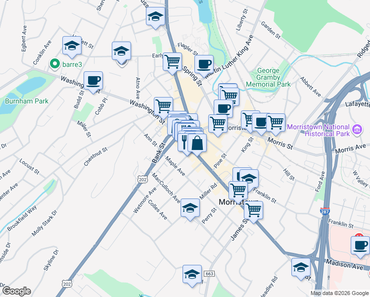 map of restaurants, bars, coffee shops, grocery stores, and more near 11 South Street in Morristown