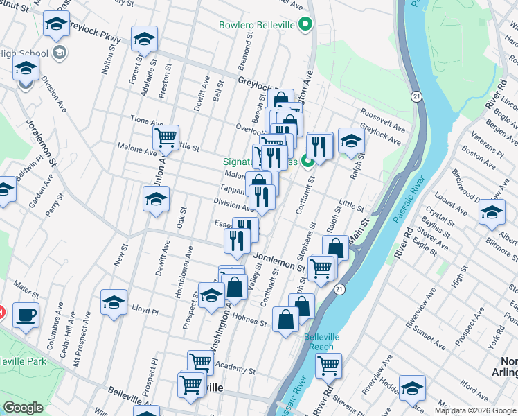 map of restaurants, bars, coffee shops, grocery stores, and more near 433 Washington Avenue in Belleville