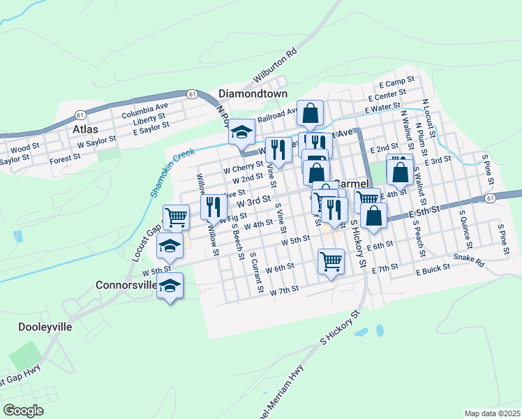 map of restaurants, bars, coffee shops, grocery stores, and more near 300 West Fig Street in Mount Carmel