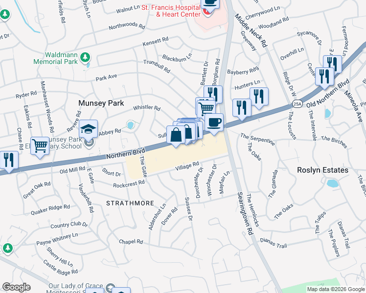 map of restaurants, bars, coffee shops, grocery stores, and more near 2006 Northern Boulevard in Manhasset