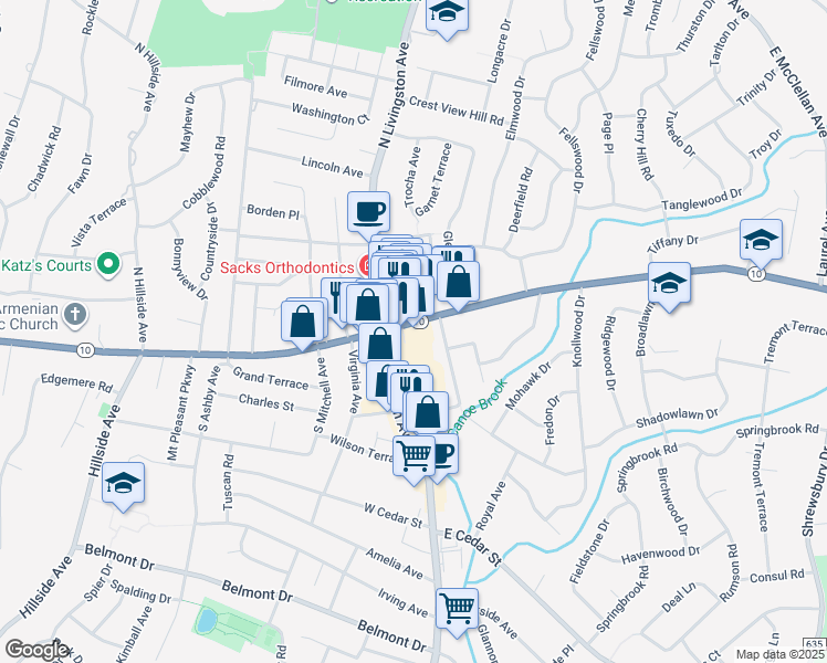 map of restaurants, bars, coffee shops, grocery stores, and more near 22 East Mount Pleasant Avenue in Livingston