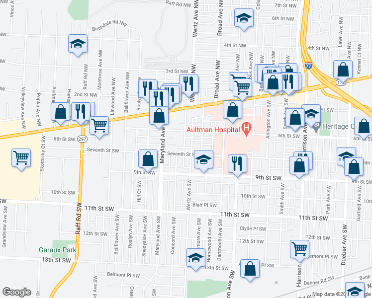 map of restaurants, bars, coffee shops, grocery stores, and more near 636 Ingram Avenue Southwest in Canton