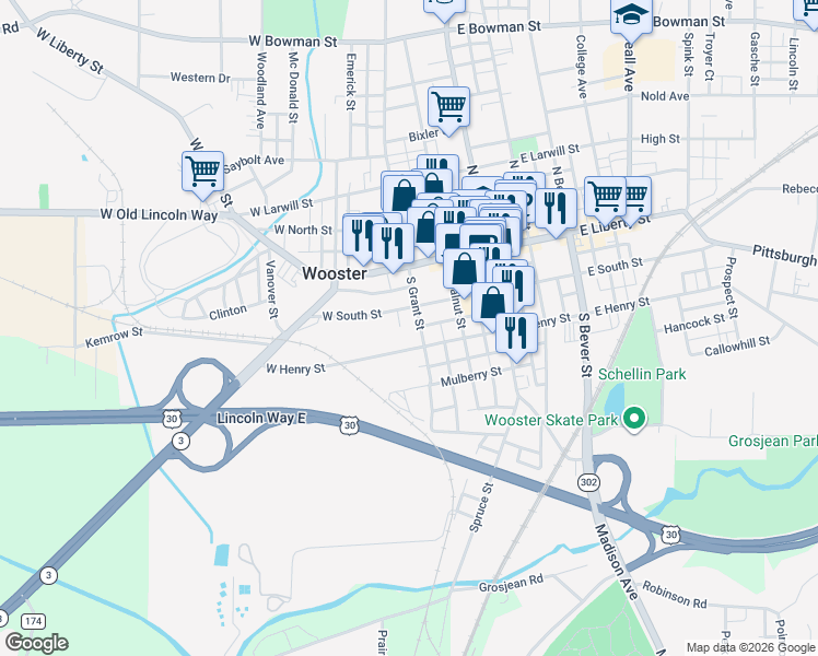 map of restaurants, bars, coffee shops, grocery stores, and more near 227 South Grant Street in Wooster