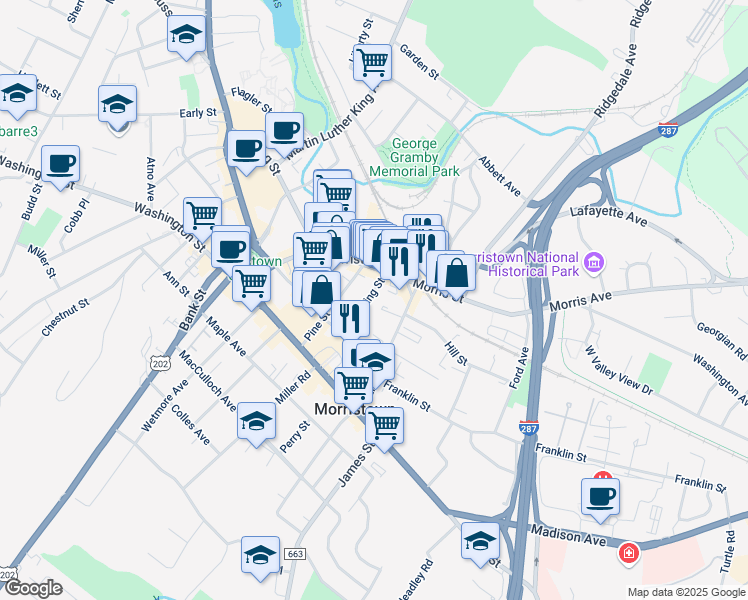 map of restaurants, bars, coffee shops, grocery stores, and more near 16 King Street in Morristown