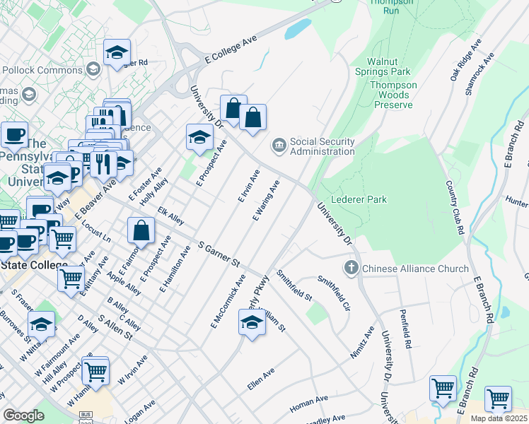 map of restaurants, bars, coffee shops, grocery stores, and more near 534 East Waring Avenue in State College