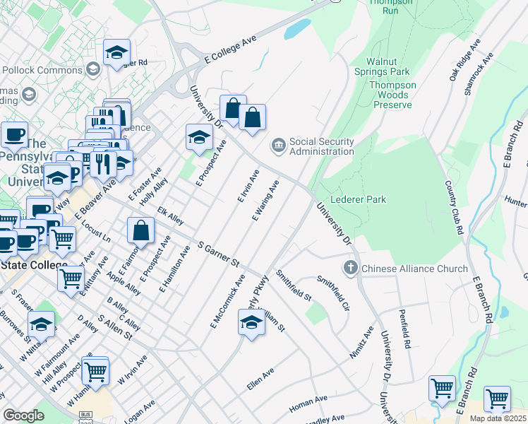 map of restaurants, bars, coffee shops, grocery stores, and more near 534 East Waring Avenue in State College