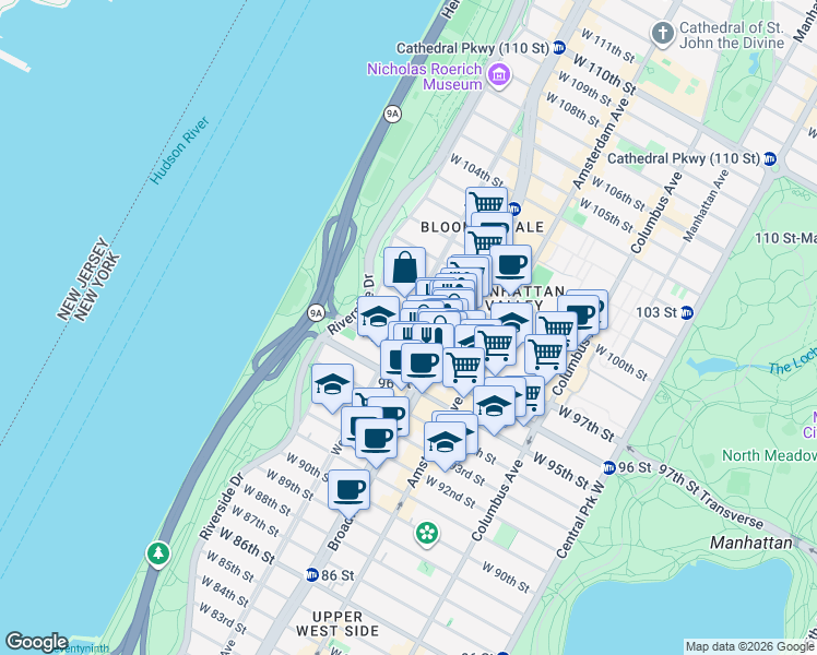 map of restaurants, bars, coffee shops, grocery stores, and more near 2563 Broadway in New York