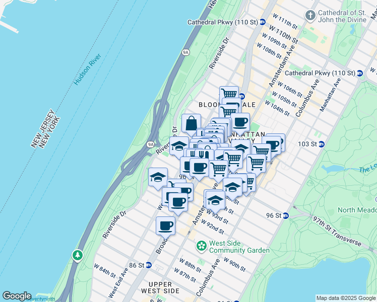 map of restaurants, bars, coffee shops, grocery stores, and more near 755 West End Avenue in New York