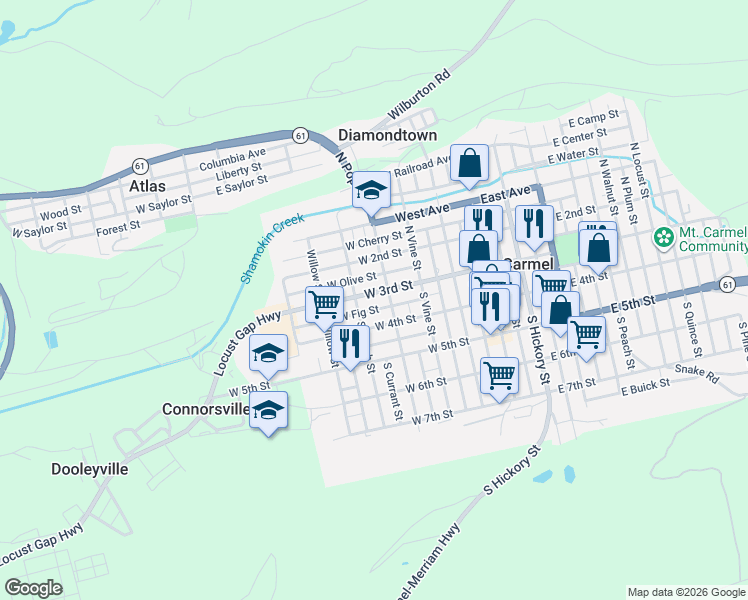 map of restaurants, bars, coffee shops, grocery stores, and more near 300 West Fig Street in Mount Carmel