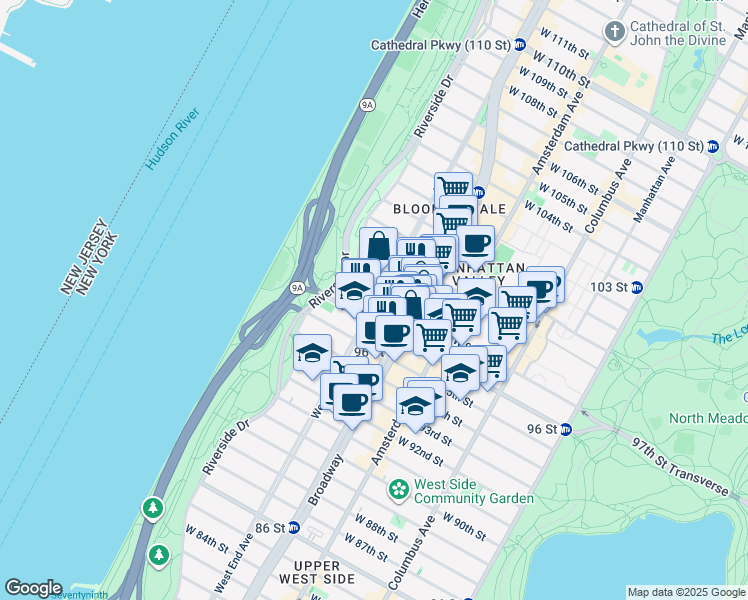 map of restaurants, bars, coffee shops, grocery stores, and more near 2563 Broadway in New York