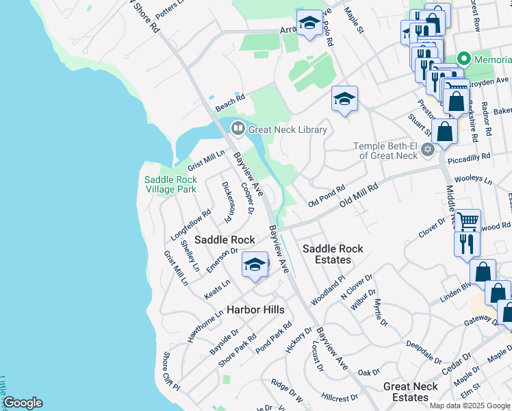 map of restaurants, bars, coffee shops, grocery stores, and more near 160 Bayview Avenue in Great Neck