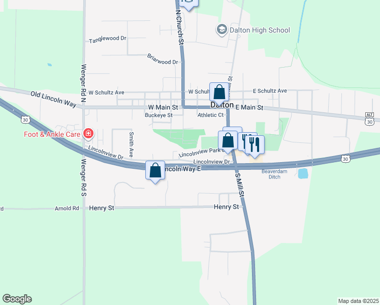 map of restaurants, bars, coffee shops, grocery stores, and more near 100 Lincolnview Drive in Dalton