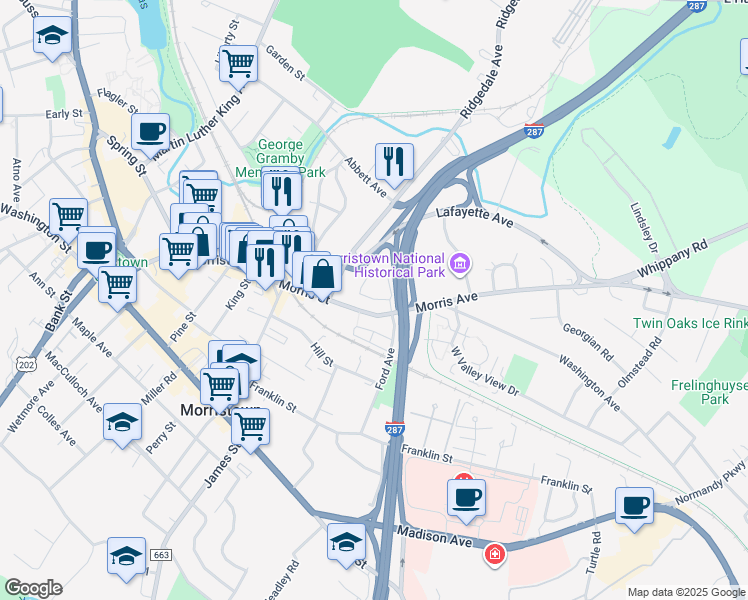 map of restaurants, bars, coffee shops, grocery stores, and more near Taft Lane in Morristown