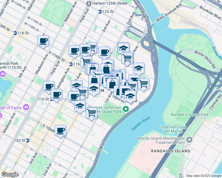 map of restaurants, bars, coffee shops, grocery stores, and more near 399 East 115th Street in New York