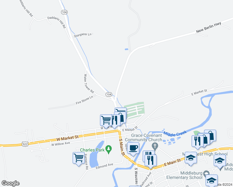 map of restaurants, bars, coffee shops, grocery stores, and more near New Berlin Highway in Middleburg