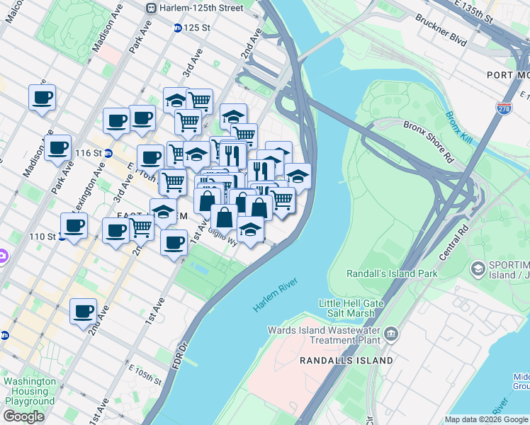 map of restaurants, bars, coffee shops, grocery stores, and more near in New York