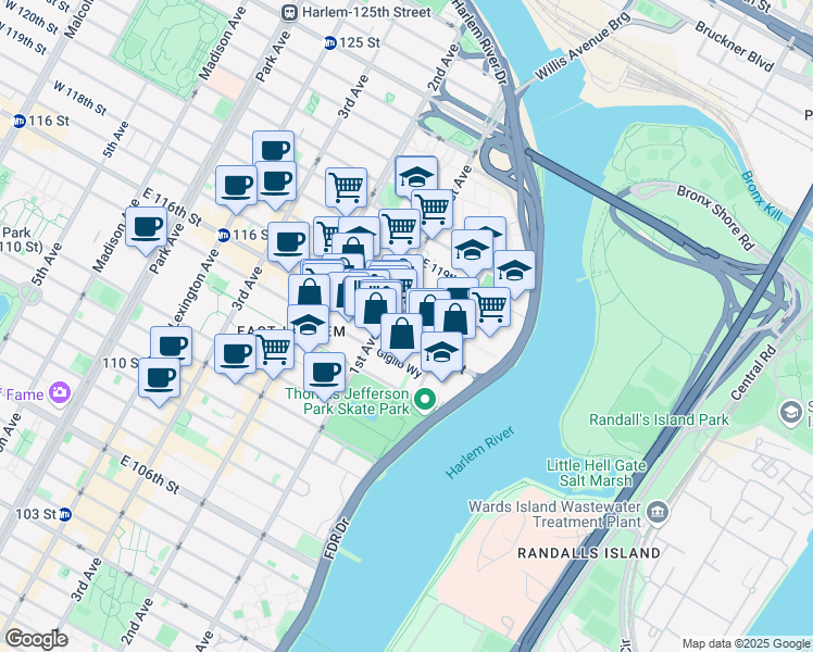 map of restaurants, bars, coffee shops, grocery stores, and more near 414 East 116th Street in New York